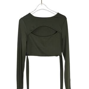 Shein Olive Green Open Cut Out Criss Cross Wrap Tie Long Sleeve Crop Top Small